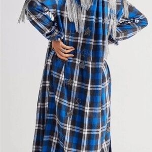 Free People We the Free Heavenly Plaid Fringe Sequin Star Jacket Duster Small